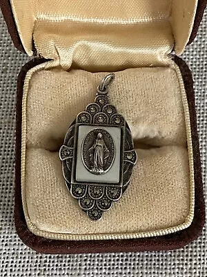 Vintage Sterling Silver CREED Miraculous Medal Mother Of Pearl Marcasite Pendant • $45