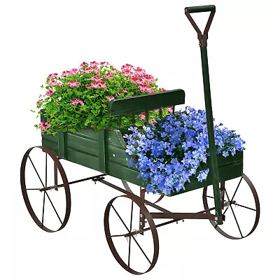 Patiojoy Wooden Garden Flower Planter Wagon Plant Bed W/ Wheel Garden Yard • $39.99