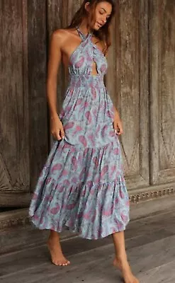 Tigerlily Ainsley Tiered Maxi Dress Size 10 Halter Neck Low Back Paisley Print • $45