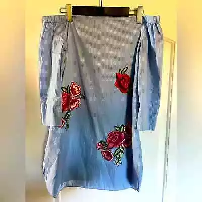 Zara Blue Stripe Off Shoulder Rose Embroidery Patch Tunic Length Shift Dress S • $15