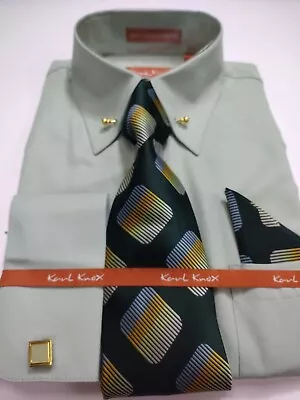 Mens Sage Green Eyelet Collar Bar French Cuff Dress Shirt Set Karl Knox SX4515 • $69.99
