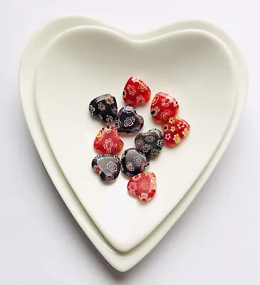 Stunning Red And Purple Heart Millefiori Handmade Bead 12mm 10 Pcs Treasure • £2.25