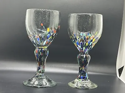 Pair Of Mexican Confetti Hand Blown Multicolored Wine Glasses • $29