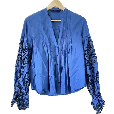 Zara Balloon Sleeve Peasant Blouse Blue Black Embroidered Button Women’s Size XS • $18.89