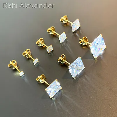 925 Sterling Silver Gold-Plated Square Cubic Zirconia Clear CZ Stud Earrings • $4.99