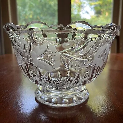 HAND CUT POLISH CRYSTAL ETCHED FLOWER BOWL VASE Footed 24% Leaded • $34.99