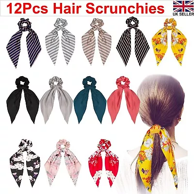 Hair Scrunchies 12Pcs Ribbon Bow Soft Silk Satin Ponytail Holder For Women Girls • £7.99