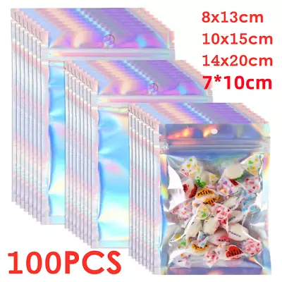 100Pcs Holographic Rainbow Zip Lock Bags Clear Zip Seal Mylar Bags Foil Pouches  • £4.39