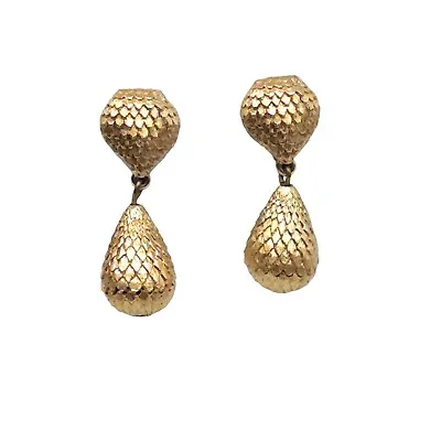 Monet Texture Snakeskin Teardrop Shape Dangle Drop Earrings Gold Tone Vintage • $15.99