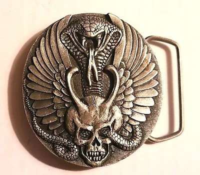 Vintage Brass Cobra Snake Skull Wings Belt Buckle Indiana Metal Craft • $39