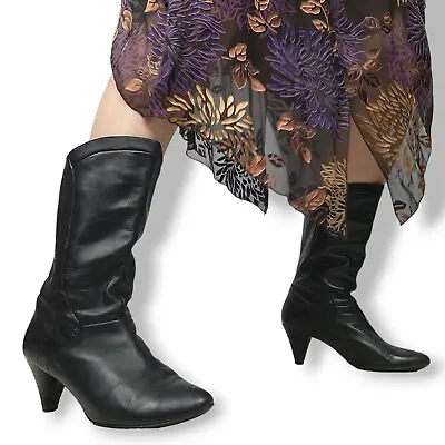 Vintage Black Leather Boots Ladies Sz 8 80s Mid Calf Cowboy Biker RMK Giuliana • $90