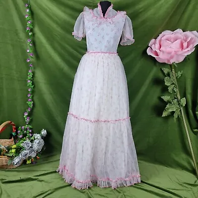 Vintage 1970s John Bentley Pink & White Prairie Bridesmaid Evening Dress 10 • £39.99