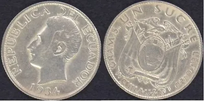 Ecuador 1934 Un Sucre Philadelphia Usa Silver Coin Xf++ • $9.99