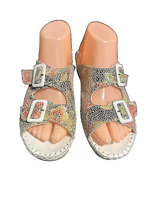 La Plume Jen 36 Leather Adjustable Slide Sandal Floral Suede Shoes 40/US Size 9 • $50