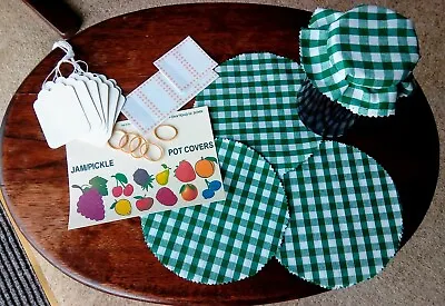 £6.95 • Buy 'green Gingham' Fabric Jam Jar Covers, Pinked Edges, Labels, Bands, Free Post 