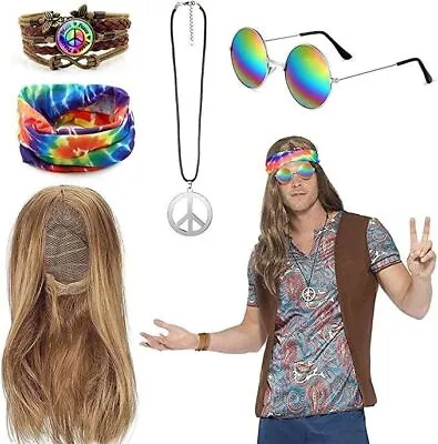 50s 60s 70s Hippie Costume Accessory Set Hippie Fancy Dress Wig Necklace Party • $19.98
