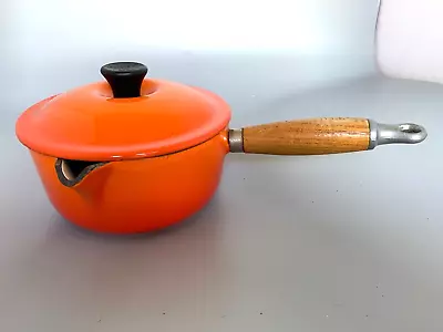 Vintage Le Creuset 16 Volcanic Orange Cast Iron Saucepan TEAK Handle 1980's • £25