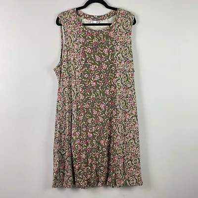 J. Jill Olive Green Pink Floral Sleeveless Shift Dress Size 2X Pockets • $29.95