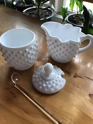 Vintage Hobnail Milk Glass Sugar And Creamer Set Excellent Condition • $13.80