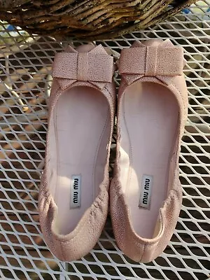 Miu Miu Nude Bow Ballet Textured Tonal Leather Flats Size 38 Or US 7.5-8 • $89.95