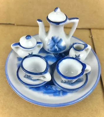 Miniature Mini Doll House Tea Set Blue/White Windmill Pattern Design 10 Piece • $15.19