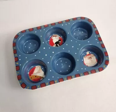 1999 Nantucket Home Fiddlestix Christmas Ceramic Blue Muffin Pan Santa Vintage  • $30