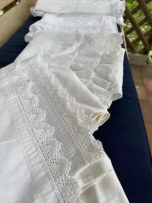 Vintage Lot French Antique Bolsters Pillowcases Linen Cotton Embroidery Lace • $12.99