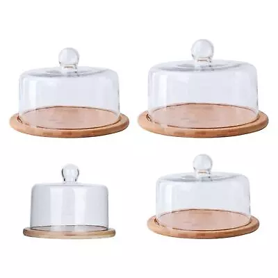 Wood Cake Stand With Dome Glass Transparent Cover Cake Tray For Dining Table • £26.74