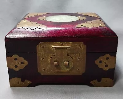 Chinese Oriental Wood With Brass And Jade 5.3” X 4” X 3.25  Jewelry Box Vintage  • $13.90