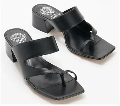 Vince Camuto Leather Block Heel Square TSandals-Sasienda-Black-Size 9 M • $30.99