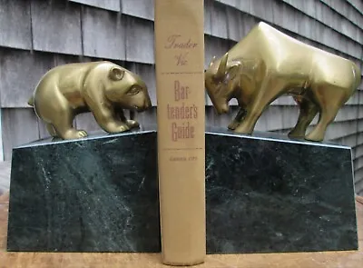 BEAR & BULL BOOKENDS Wall Street Stock Market BRASS W/ GREEN MARBLE Office Decor • $59.99