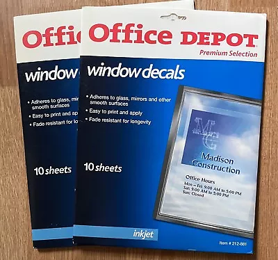Office Depot Window Decals 2 Packs Of 10 Sheets 8.5  X 11  Clear Inkjet NEW • $18