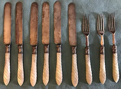 Fancy 9 Pc SET SILVER Mother Of PEARL CARVED Handles Silverware Forks  Knives • $120