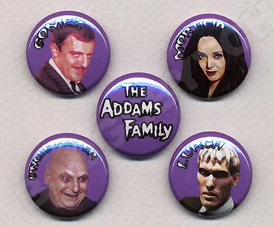 THE ADDAMS FAMILY Five Badges Buttons Pin Set -CLASSIC! • £2.50