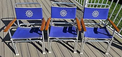Vintage Telescope Furniture Aluminum Folding Chair Patio Wood Arm Nautical Blue  • $99.99
