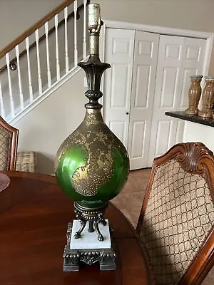Vintage Murano Art Glass Green With Gold Overlay Bronze And Marble Table Lamp • $345
