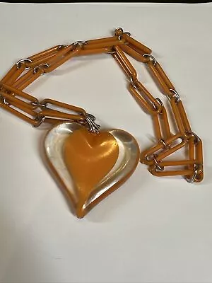 Vintage Lucite Acrylic Orange Heart And Paper Clip Link Statement Necklace • $10