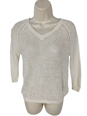 Womens Uniqlo Xsmall Natural Linen Crochet Knit V Neck Jumper Sweater Top Xs • £8.39