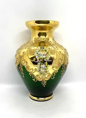 Antique Vintage Vimax Italy Green Glass Enamel Gold Gilded Vance 9” • $650