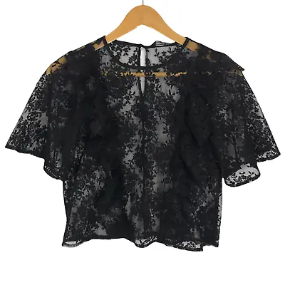 Miss Selfridge Women's Top Blouse Black Size 4 EUR 32 Sheer Lace Short Sleeve • £5.99