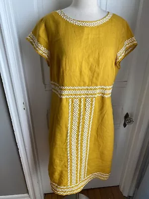 Boden 100% Linen  Gold Color A-line Dress With Embroidery Accents-size12l-nwot!! • $39.99