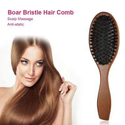 Natural Boar Bristle Hair Comb Anti-static Paddle Massage Scalp Brush • £5.32