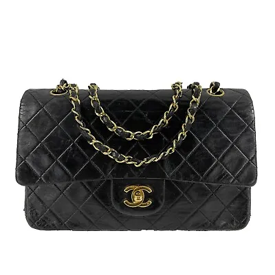 $2575 • Buy CHANEL - Vintage Black / Gold CC Medium Double Flap Quilted Shoulder / Crossbody