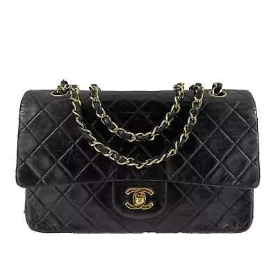 CHANEL - Vintage Black / Gold CC Medium Double Flap Quilted Shoulder / Crossbody • $2199