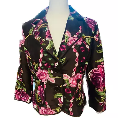 ECI New York Jacket Blazer Women Size 6 100% Silk Embroidered Dark Brown /Pink • $26