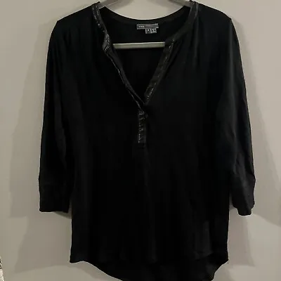 VINCE BLACK LINEN LEATHER HENLEY 3/4 Sleeve Tshirt Top Blouse Sz S D1 • $25