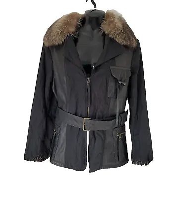 Jaime Mascaro Black Cow Leather Jacket With Nylon Panels Fur Collar Size M Uk 12 • £129.95