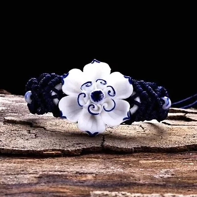 Macramé  Blue & White Ceramic Flower Adjustable Bracelet • $7.99