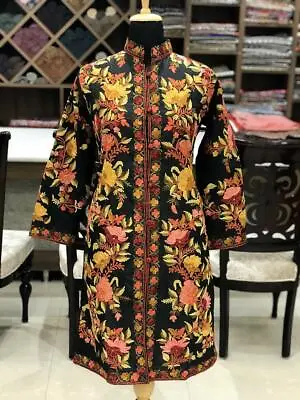Black Long Coat With Multi-Colour Kashmiri Floral Embroidery • $155