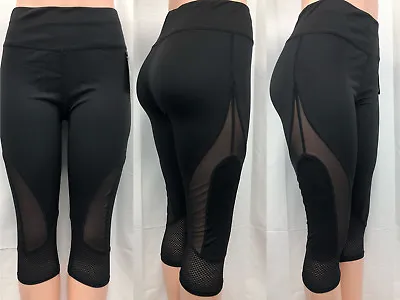 Womens YOGA Gym Capri Black Mesh Pants Leggings #HL2509 • $10.99